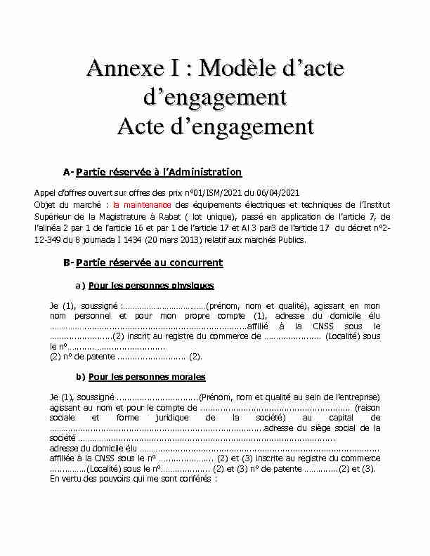 Annexe I : Modèle dacte dengagement Acte dengagement