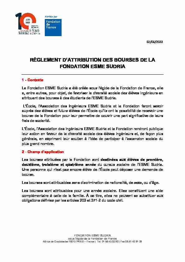 RÈGLEMENT DATTRIBUTION DES BOURSES DE LA FONDATION