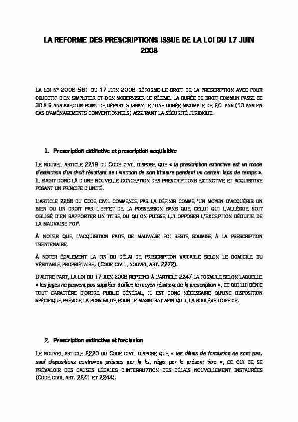 [PDF] LA REFORME DES PRESCRIPTIONS ISSUE DE LA LOI DU 17