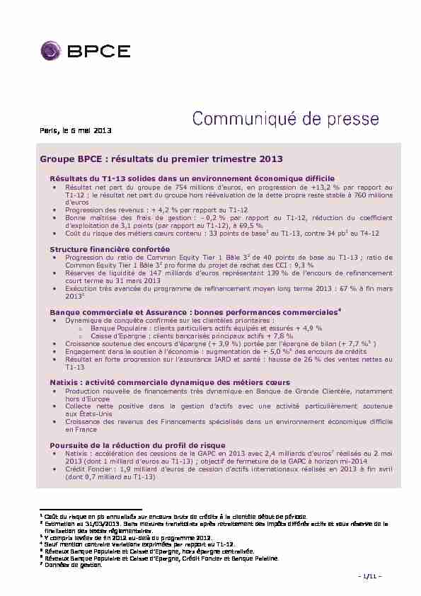 [PDF] résultats du premier trimestre 2013 - Groupe BPCE