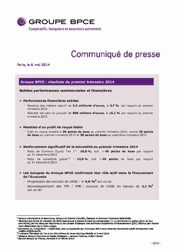 Communiqué de presse - 6 mai 2014 - Groupe BPCE : résultats du