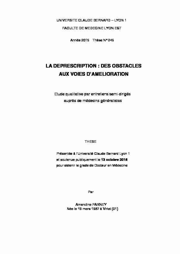 LA DEPRESCRIPTION : DES OBSTACLES AUX VOIES D