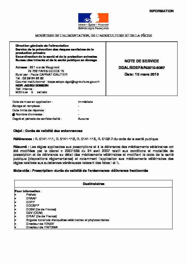 ORDRE DE SERVICE NOTE DE SERVICE DGAL/SDSPA/N2007