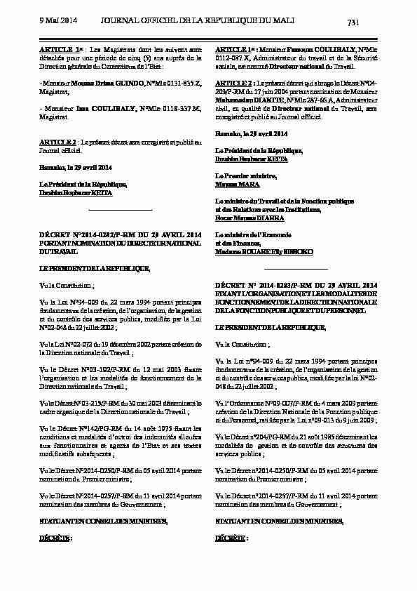 731 9 Mai 2014 JOURNAL OFFICIEL DE LA REPUBLIQUE DU MALI