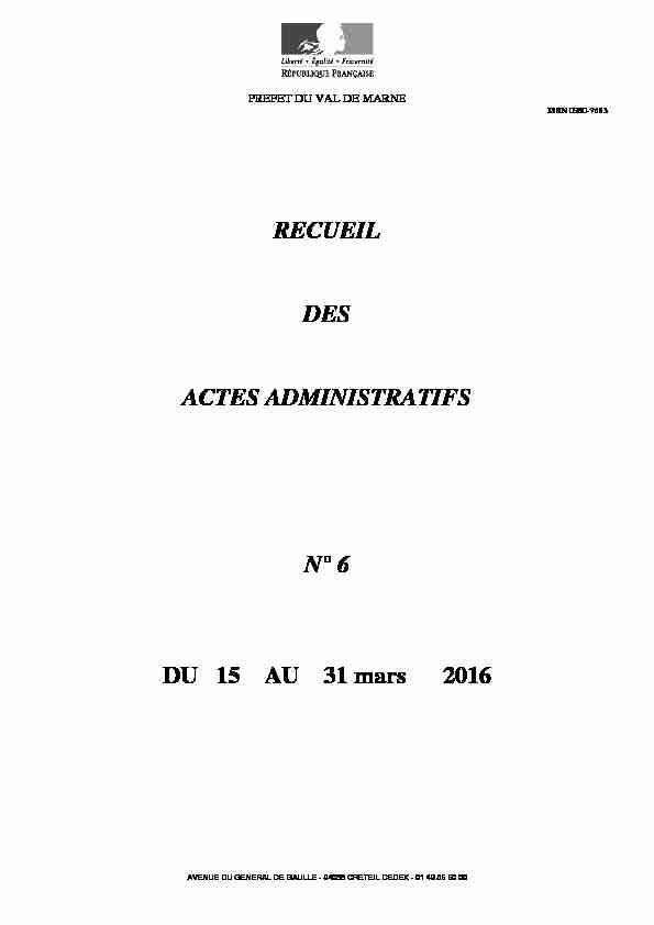 RECUEIL DES ACTES ADMINISTRATIFS N° 6 DU 15 AU 31 mars