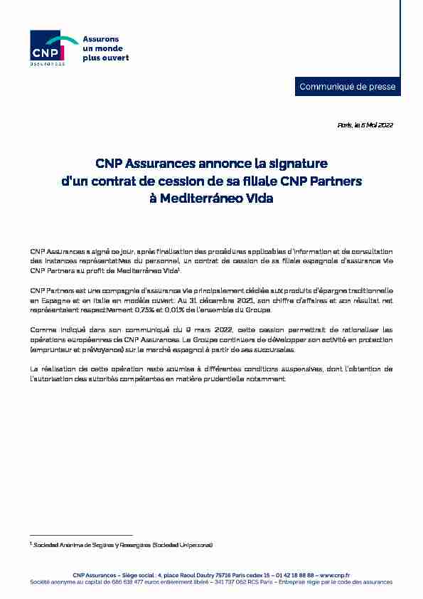 CNP Assurances annonce la signature dun contrat de cession de