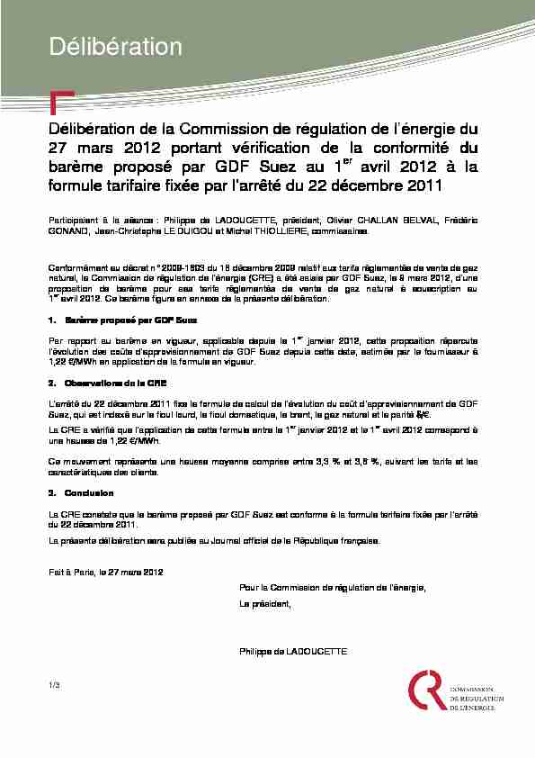 Délibération de la Commission de régulation de lénergie du 27