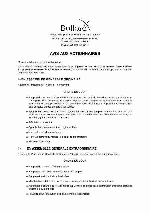 [PDF] Avis de convocation en Assemblée Ordinaire et  - Bolloré