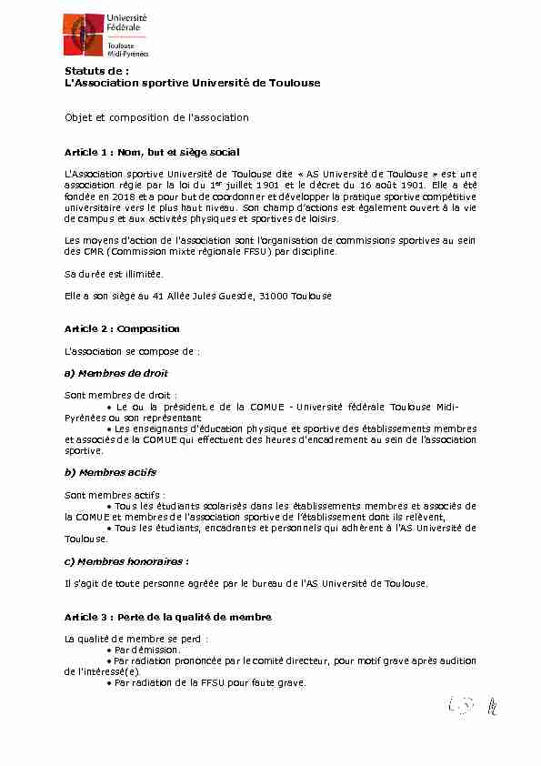 Statuts de : LAssociation sportive Université de Toulouse Objet et