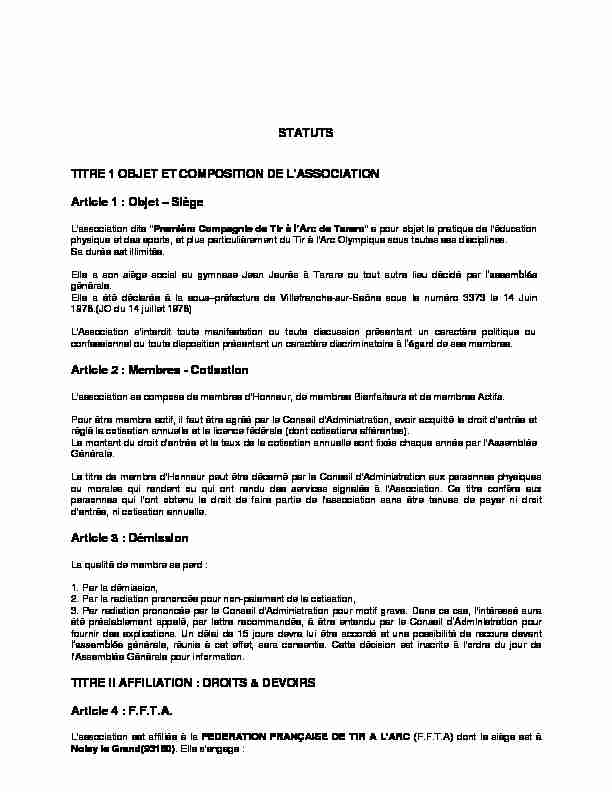 [PDF] STATUTS TITRE 1 OBJET ET COMPOSITION DE LASSOCIATION