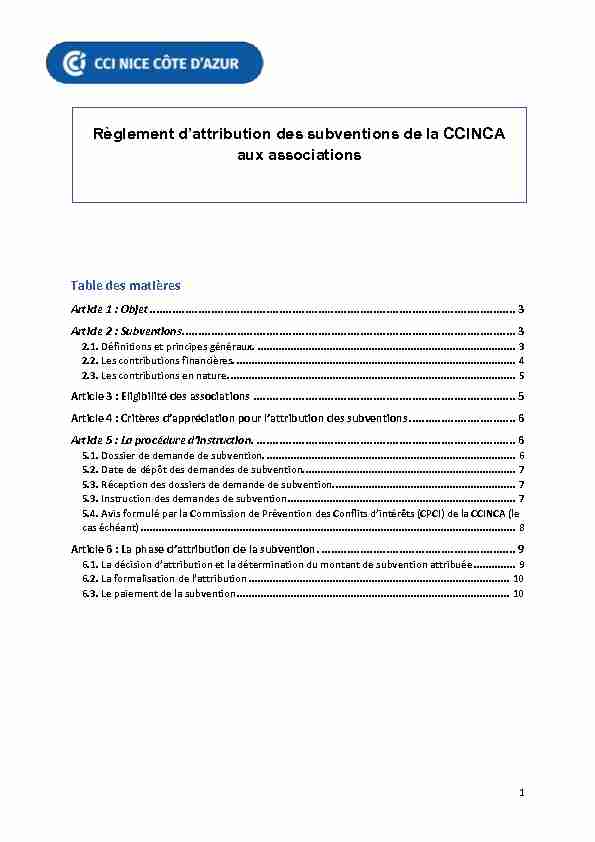 Règlement dattribution des subventions de la CCINCA aux
