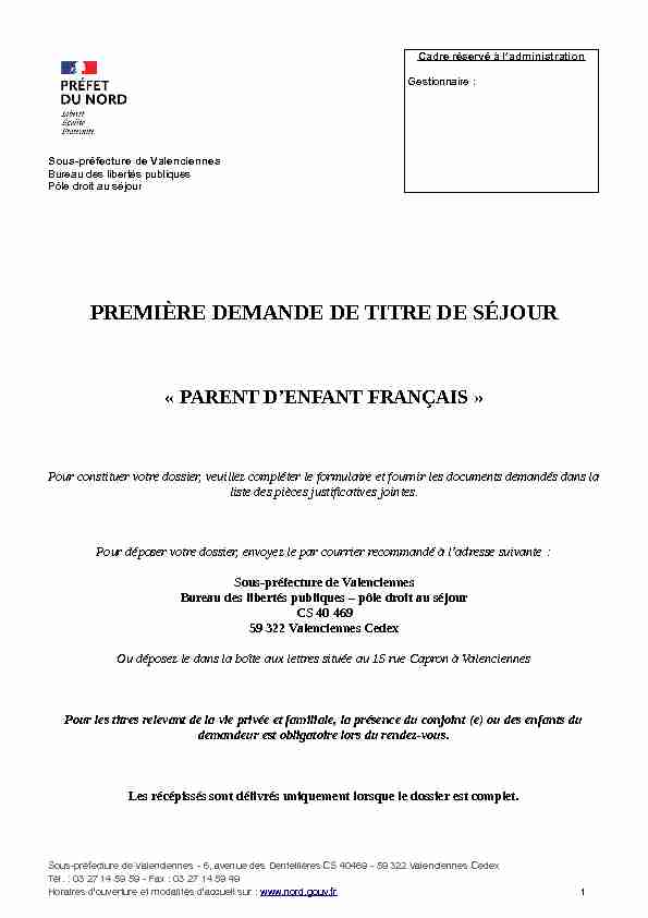 [PDF] PREMIÈRE DEMANDE DE TITRE DE SÉJOUR - Préfecture du Nord