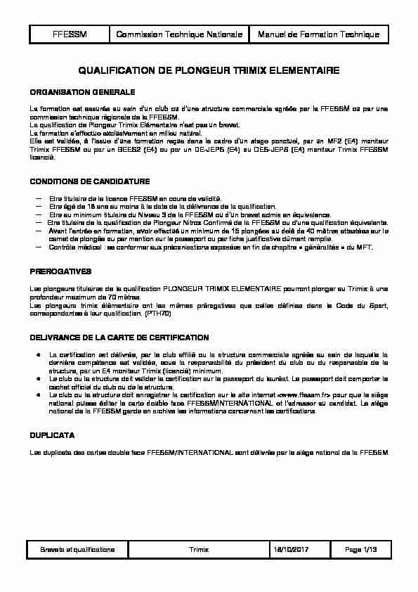 FFESSM Commission Technique Nationale Manuel de Formation