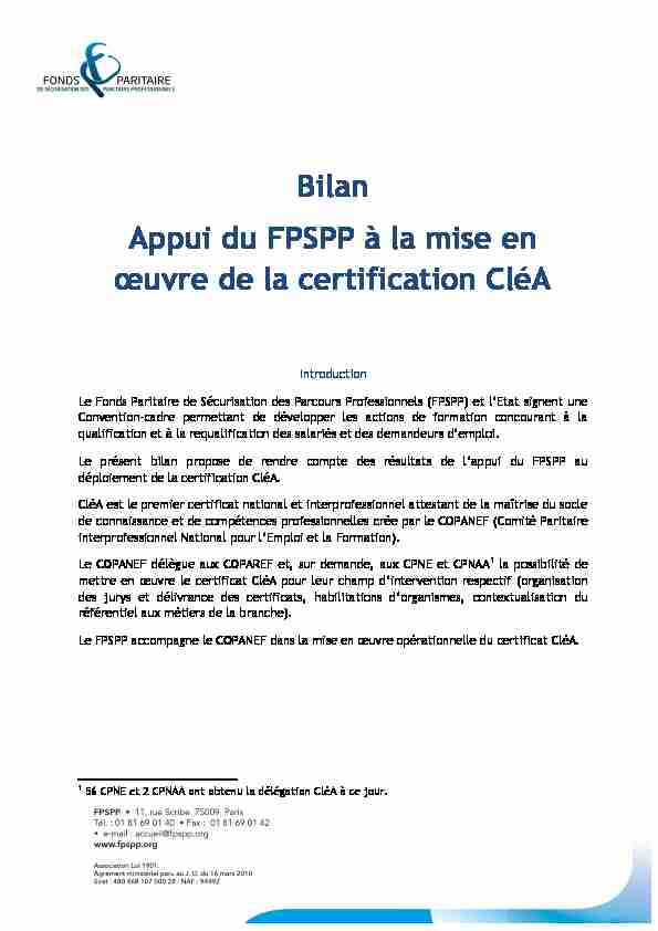 Bilan Appui du FPSPP à la mise en œuvre de la certification CléA