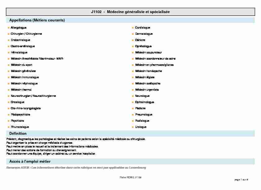 J1102 - Médecine généraliste et spécialisée Appellations (Métiers