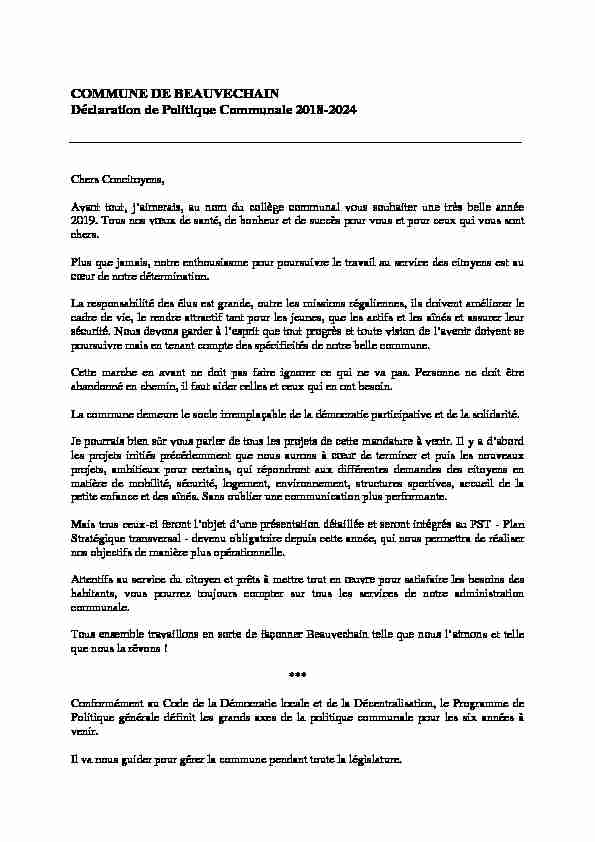 COMMUNE DE BEAUVECHAIN Déclaration de Politique