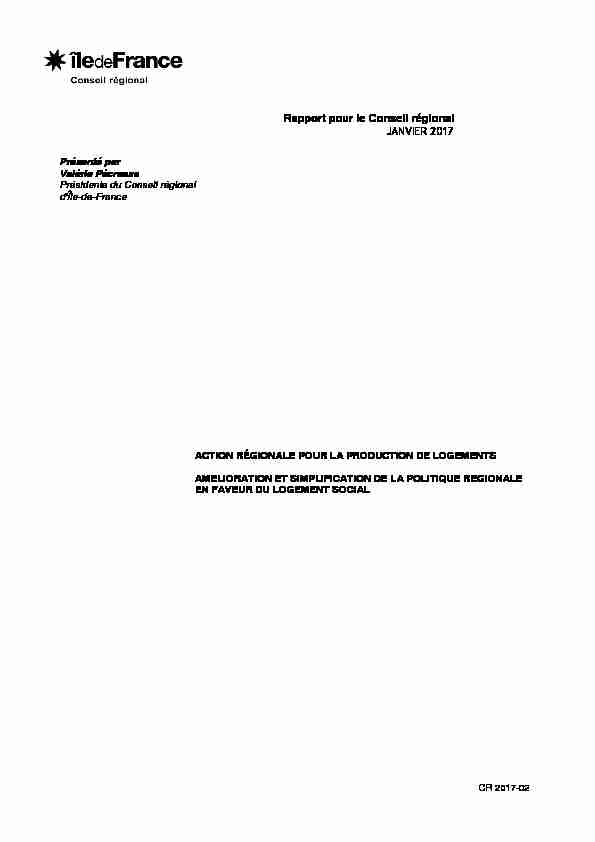 Rapport pour le Conseil régional JANVIER 2017