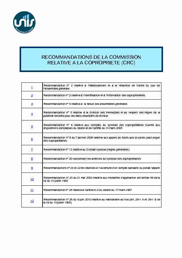 RECOMMANDATIONS DE LA COMMISSION RELATIVE A LA