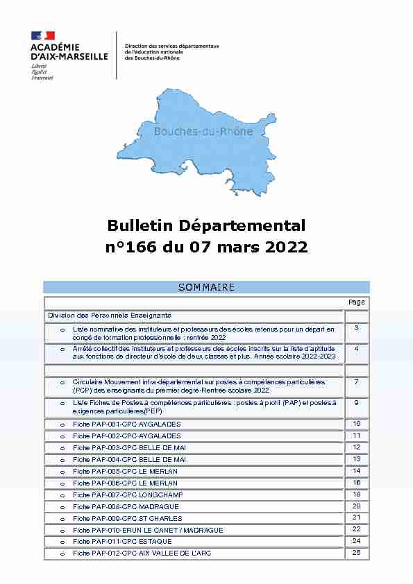 Bulletin Départemental n°166 du 07 mars 2022