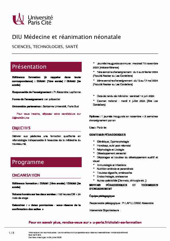 DIU Médecine et réanimation néonatale Présentation Programme