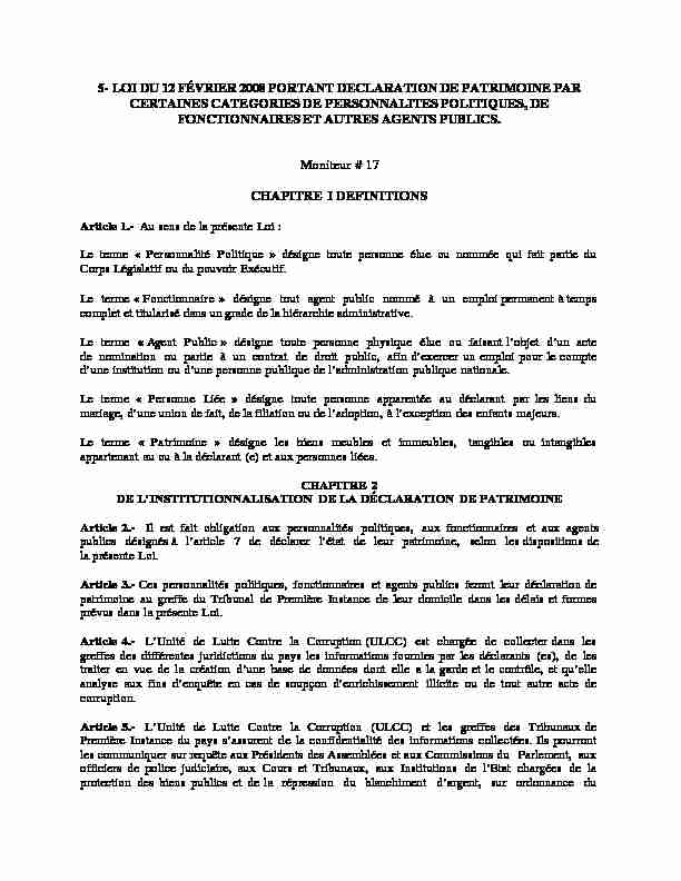 5- LOI DU 12 FÉVRIER 2008 PORTANT DECLARATION DE PATRIMOINE