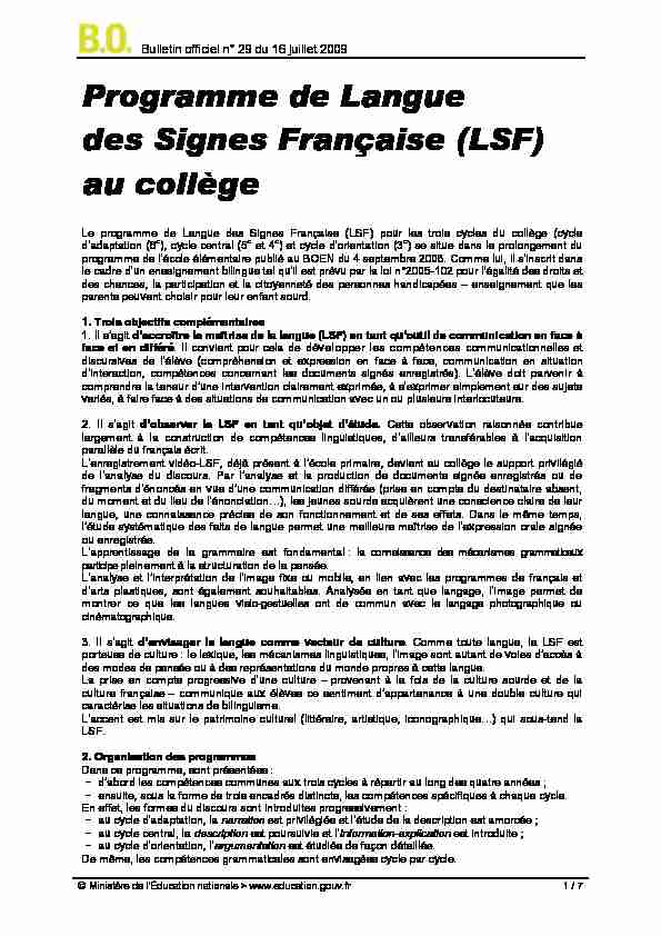 Programme de Langue des Signes Française (LSF) au collège