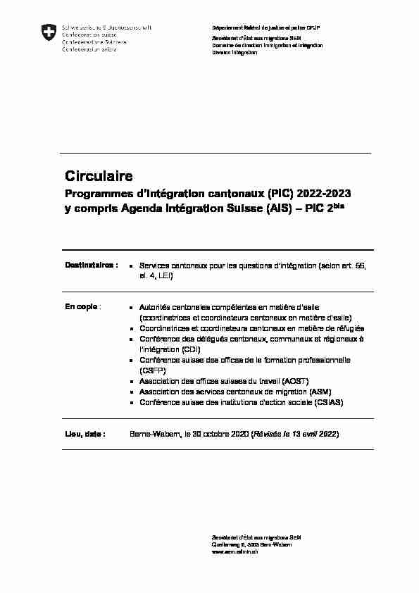 Circulaire. Programmes dintégration cantonaux (PIC) 2022-2023 y