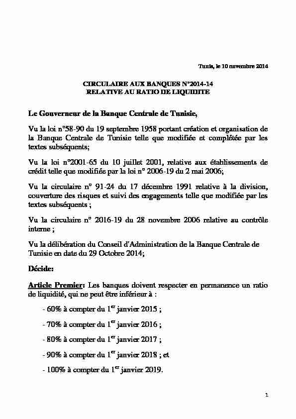 Le Gouverneur de la Banque Centrale de Tunisie Vu la loi n°58-90
