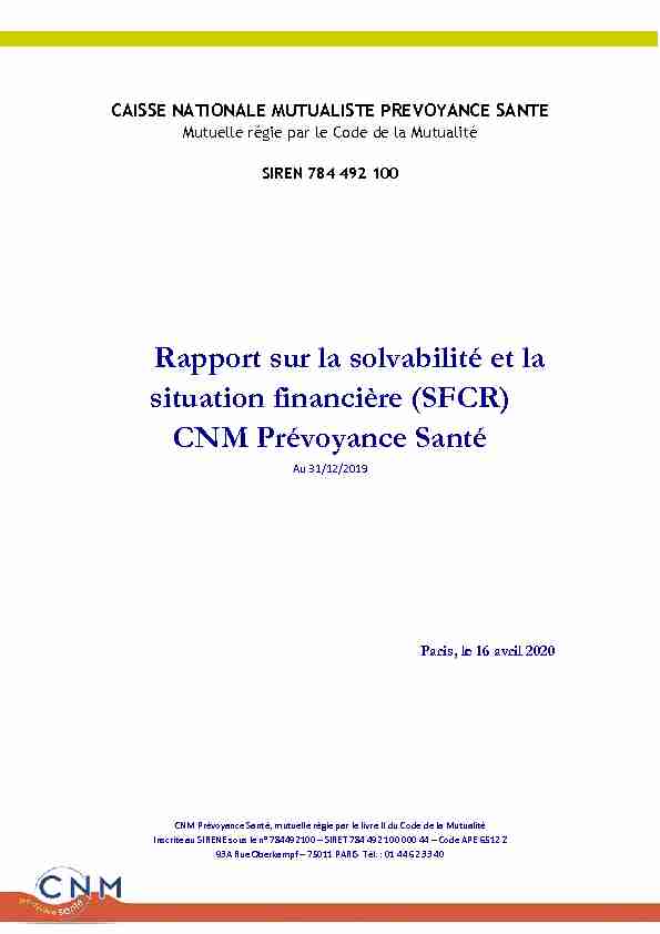 Rapport sur la solvabilité et la situation financière (SFCR) CNM