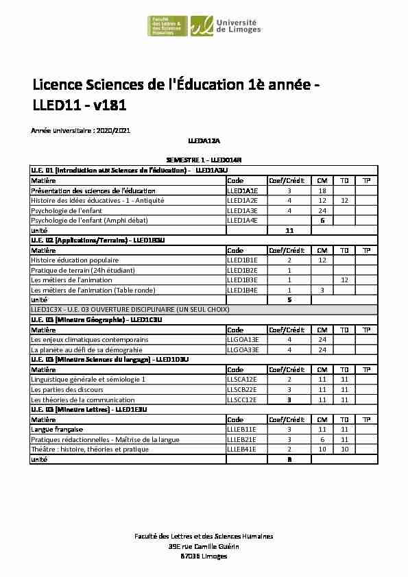 Licence Sciences de lÉducation 1è année - LLED11 - v181
