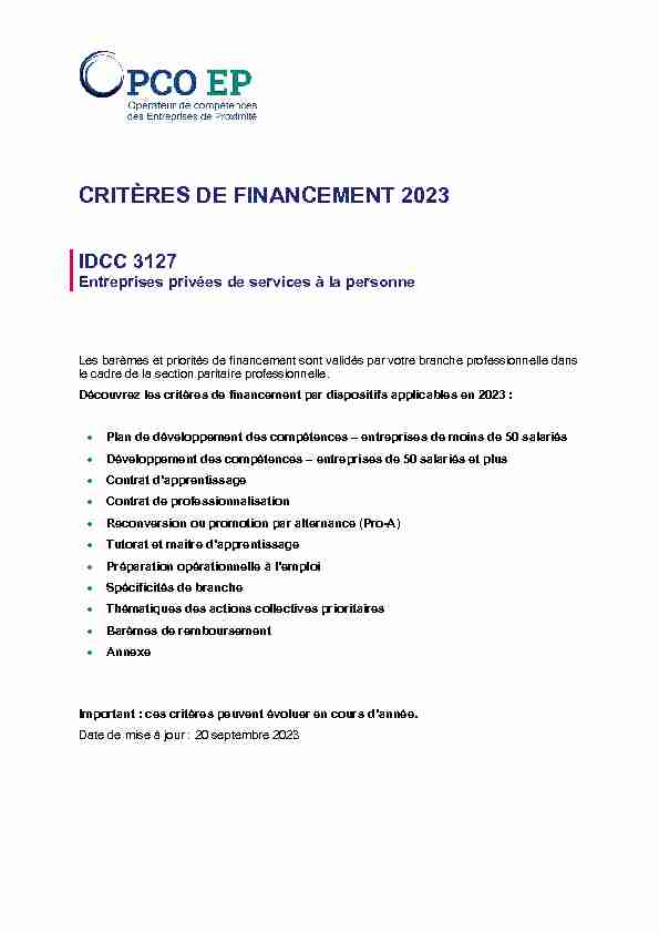 critères de financement 2022 - idcc 3127