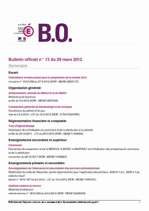 Bulletin officiel n° 13 du 29 mars 2012 Sommaire