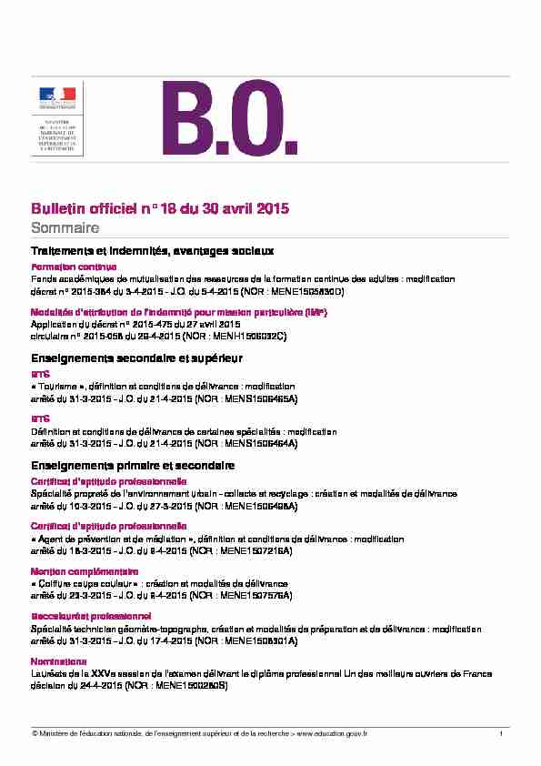Bulletin officiel n°18 du 30 avril 2015 Sommaire