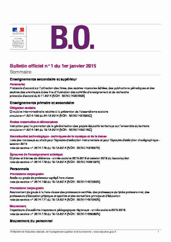 Bulletin officiel n°1 du 1er janvier 2015 Sommaire
