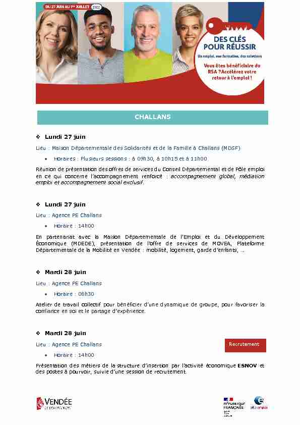 Programme semaine BRSA avec Pôle emploi Vendée du 27 juin au