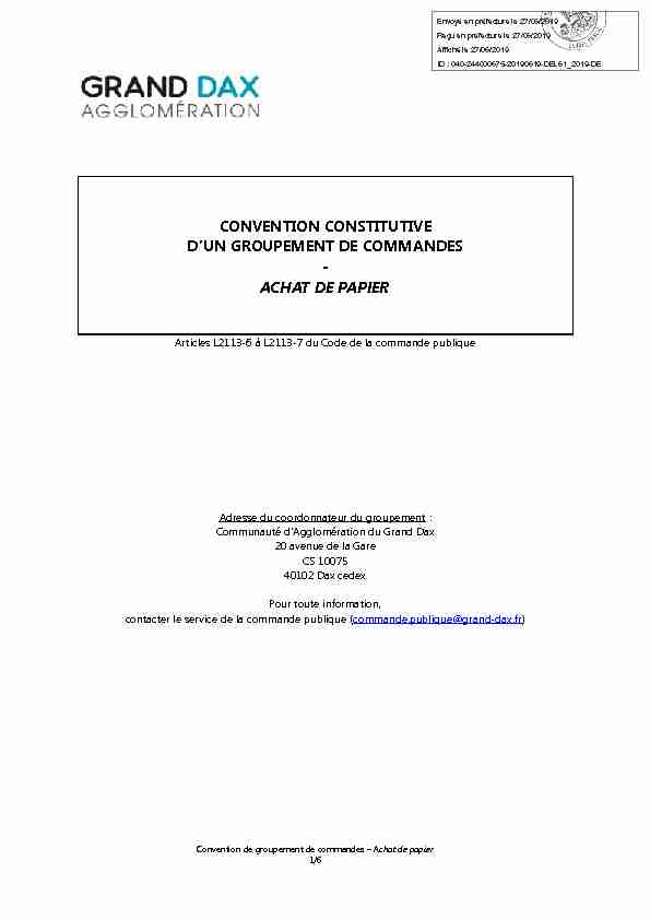 CONVENTION CONSTITUTIVE D’UN GROUPEMENT DE COMMANDES