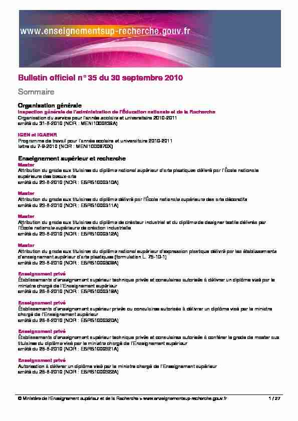 Bulletin officiel n° 35 du 30 septembre 2010 Sommaire