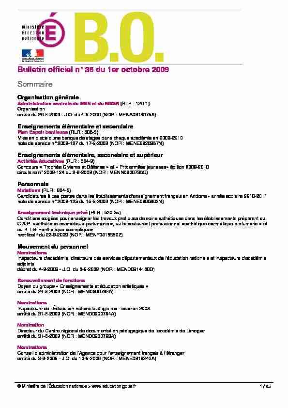 Bulletin officiel n° 36 du 1er octobre 2009 Sommaire