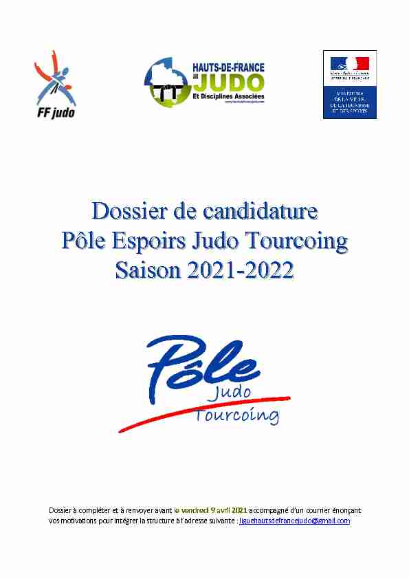 Dossier de candidature Pôle Espoirs Judo Tourcoing Saison 2021
