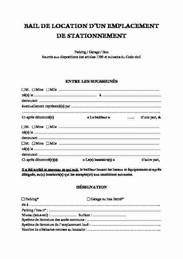 [PDF] BAIL DE LOCATION DUN EMPLACEMENT DE STATIONNEMENT