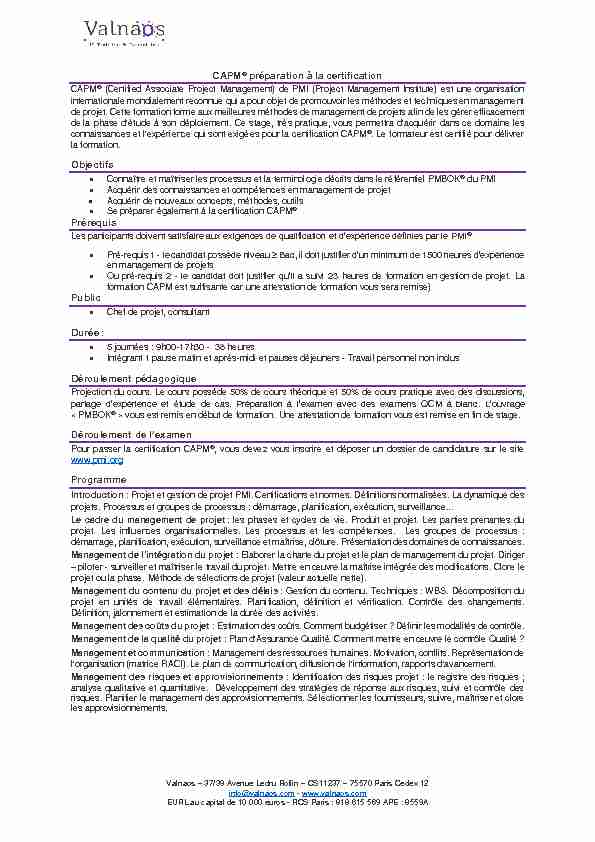 [PDF] CAPM® préparation à la certification Objectifs Prérequis Public Durée