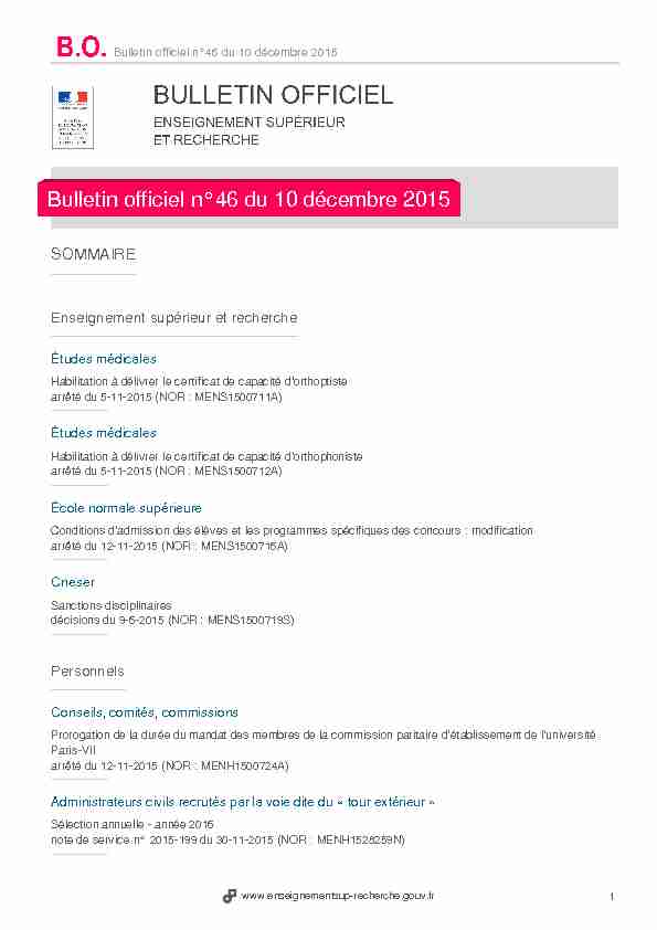 Bulletin officiel n°46 du 10 décembre 2015