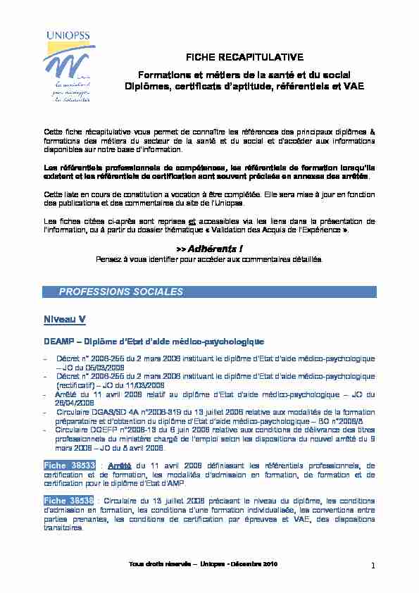 [PDF] FICHE RECAPITULATIVE Formations et métiers de la  - Uniopss