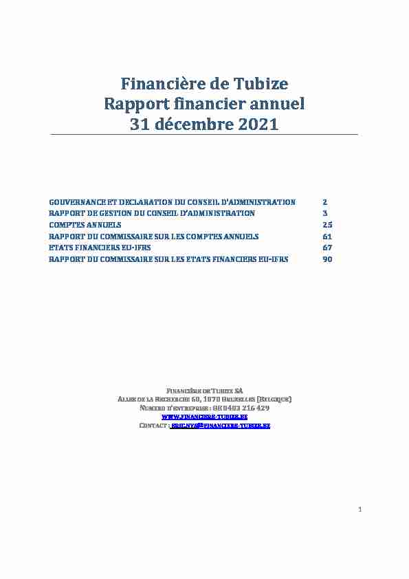Financière de Tubize Rapport financier annuel 31 décembre 2021