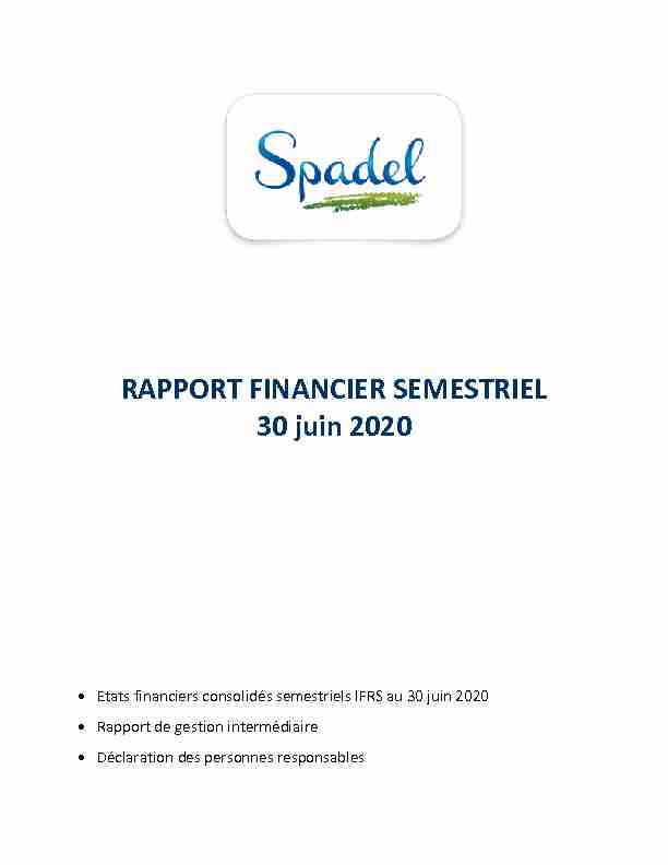 Spadel - Rapport financier semestriels 30 juin 2020