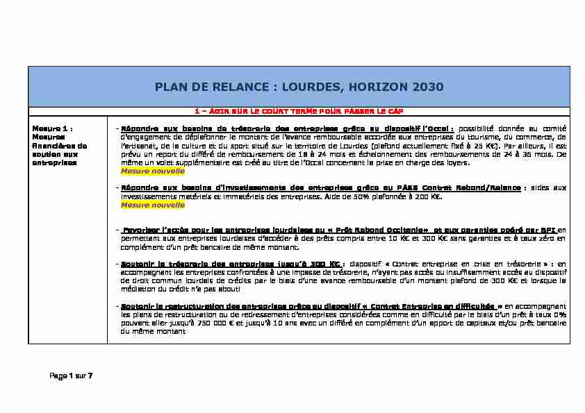 PLAN DE RELANCE : LOURDES HORIZON 2030