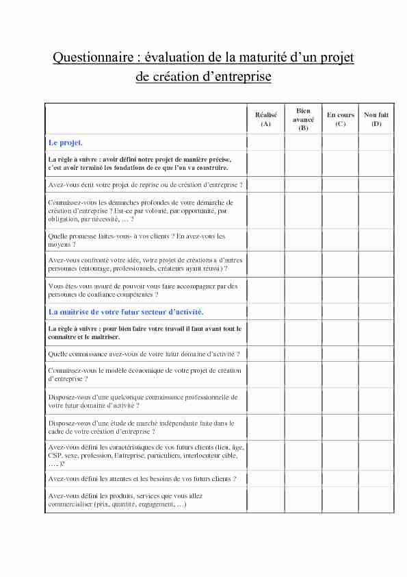 Questionnaire : évaluation de la maturité d’un projet