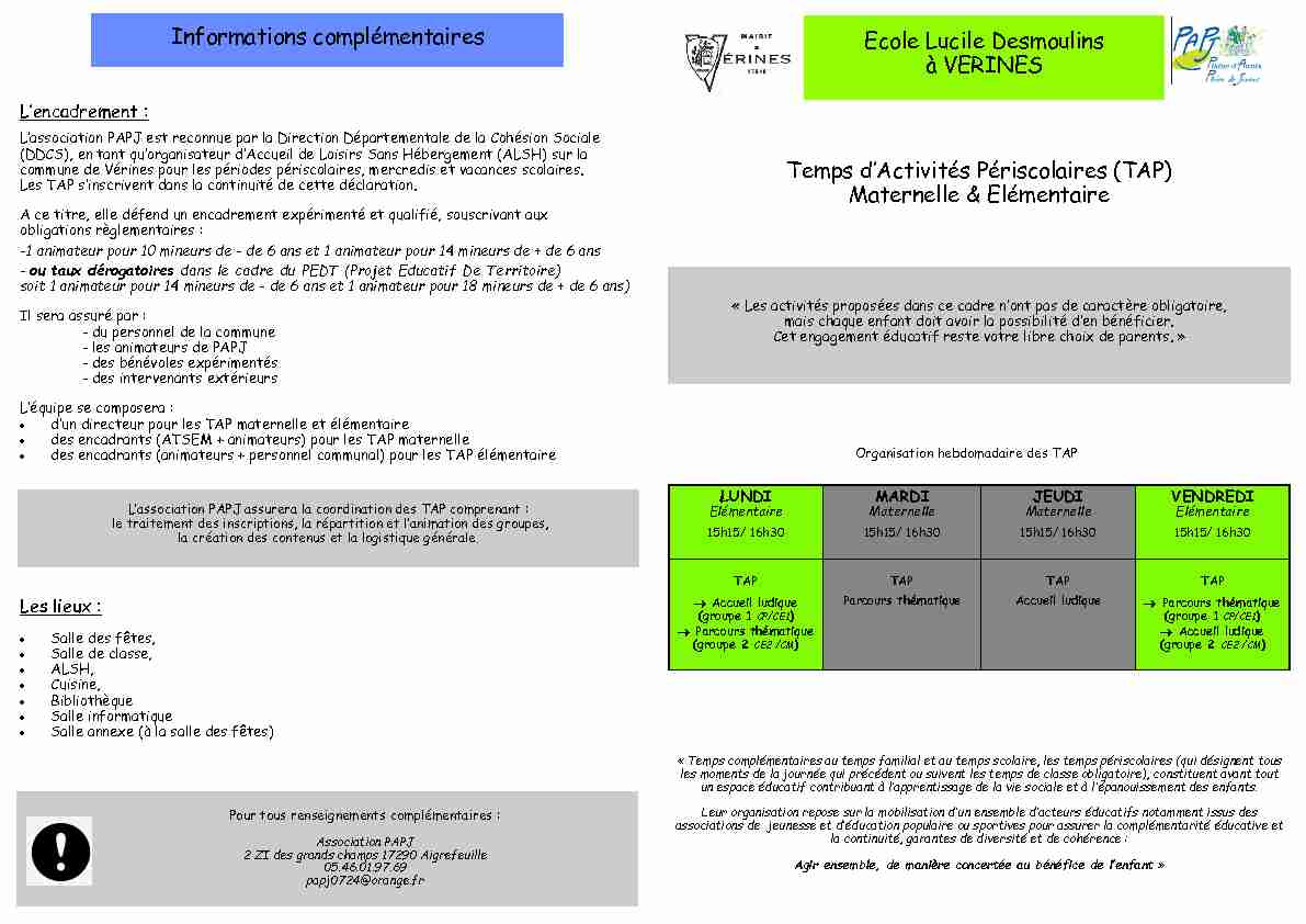 Informations complémentaires Temps dActivités Périscolaires (TAP