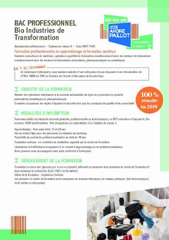 BAC PROFESSIONNEL Bio Industries de Transformation