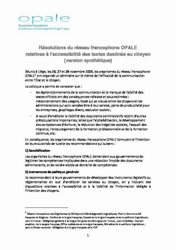 Résolutions du réseau francophone OPALE relatives à l